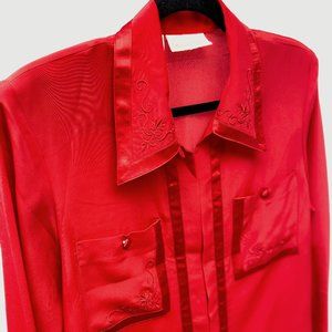 Vintage Christie & Jill Fancy Satin Red Blouse Button Down Women's Top | 8